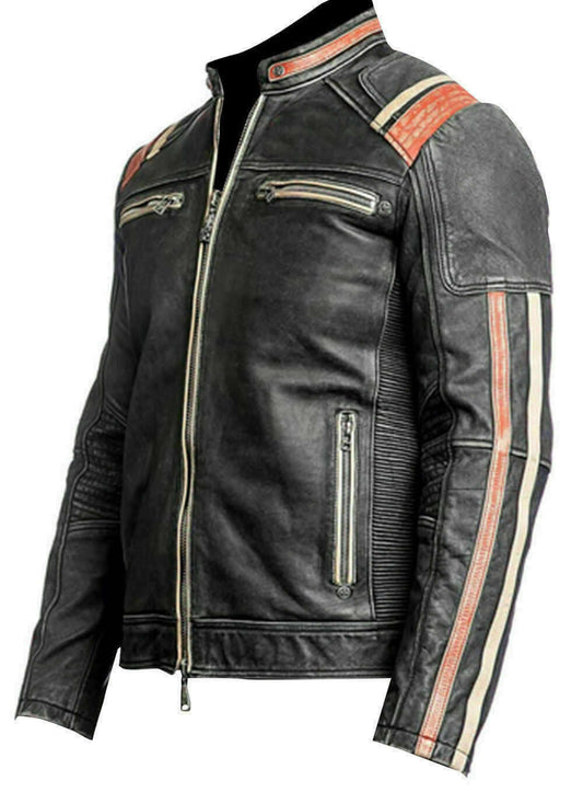 New Men's Retro 3 Cafe Racer Biker Vintage Motorcycle Distressed Moto Leather Jacket - theleathersouq