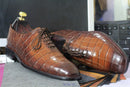 Awesome Handmade Men's Brown Alligator Textured Leather Shoes, Men Dress Formal Lace Up Shoes