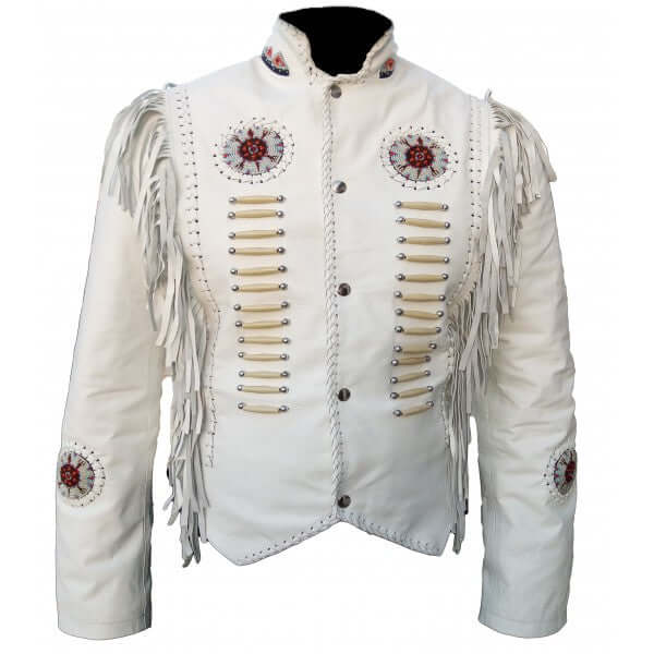 Stylish Western Women White Fringed Leather Jacket, Bone Beads & Fringe Jacket - theleathersouq