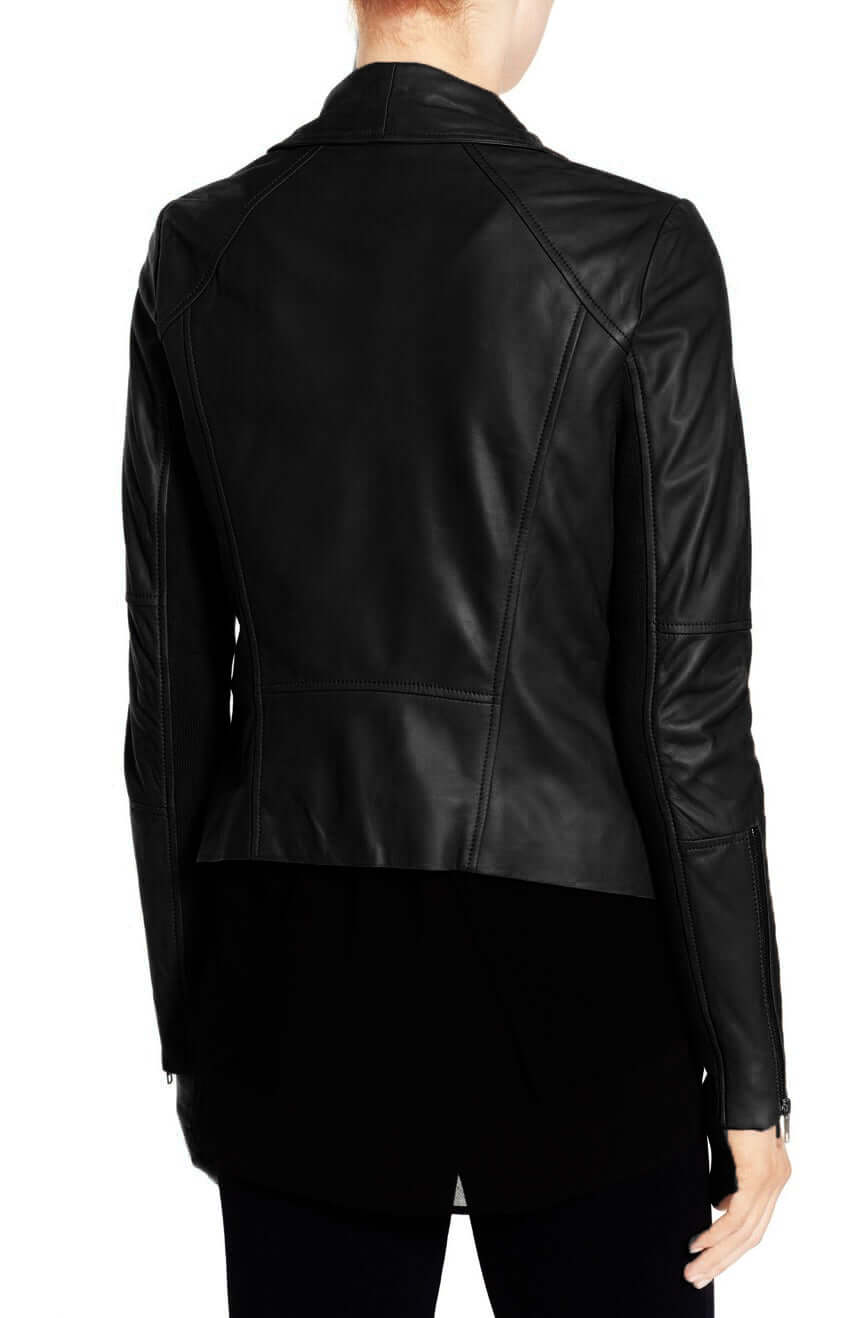 Stylish Women's Black Wide Collar Leather Jacket,Fashion Zipper Women Leather Jacket - theleathersouq