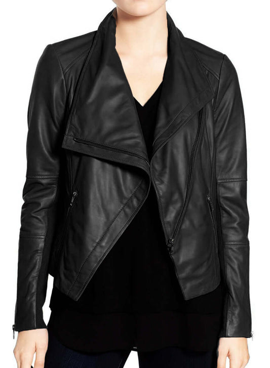 Stylish Women's Black Wide Collar Leather Jacket,Fashion Zipper Women Leather Jacket - theleathersouq