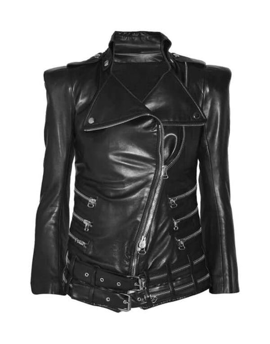 Stylish Women's Black Wide Collar Leather Jacket,Fashion Zipper Women Leather Jacket - theleathersouq