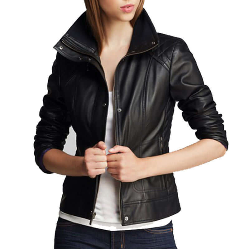 Elegant Women's Stand Collar Soft Lambskin Leather Biker Stylish Jacket - theleathersouq