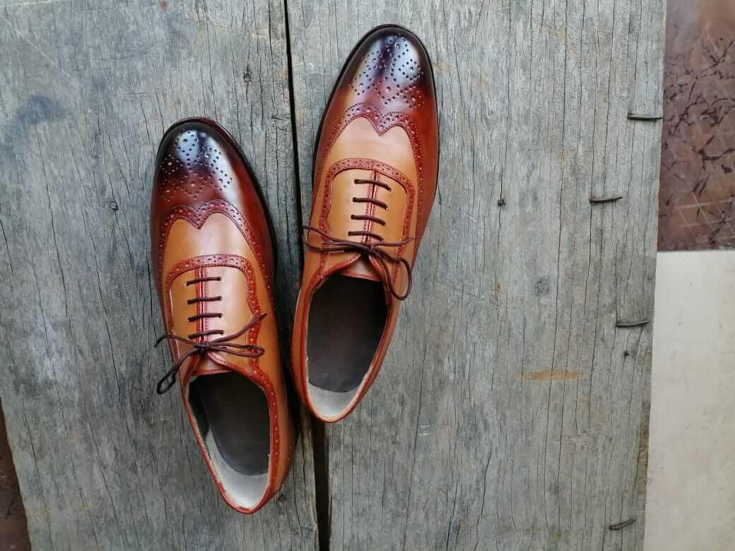 Handmade Men's Two Tone Brown Wing Tip Brogue Leather Lace Up Shoes, Men Designer Dress Formal Luxury Shoes - theleathersouq