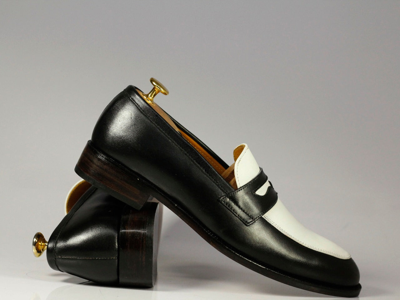 New Handmade Men's Black White Leather Penny Loafer Dress Shoes, Men  Designer Shoes