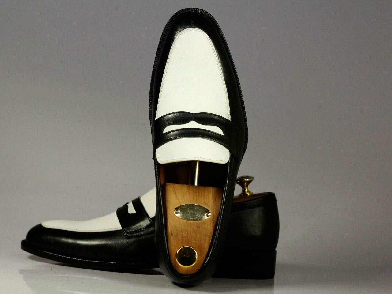 New Handmade Men's Black White Leather Penny Loafer Dress Shoes, Men Designer Shoes - theleathersouq