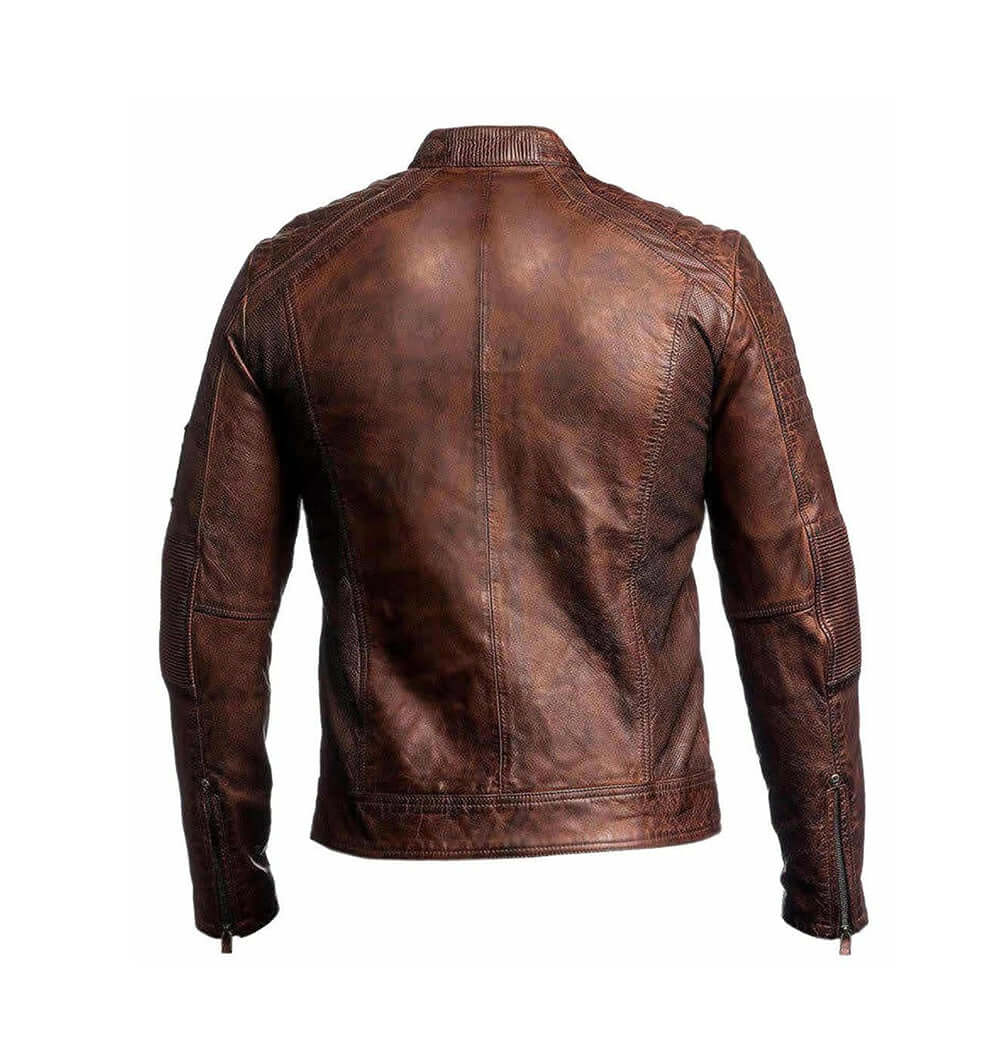 Beautiful Men's Biker Vintage Ribbed Motorcycle Distressed Brown Cafe Racer Leather Jacket - theleathersouq