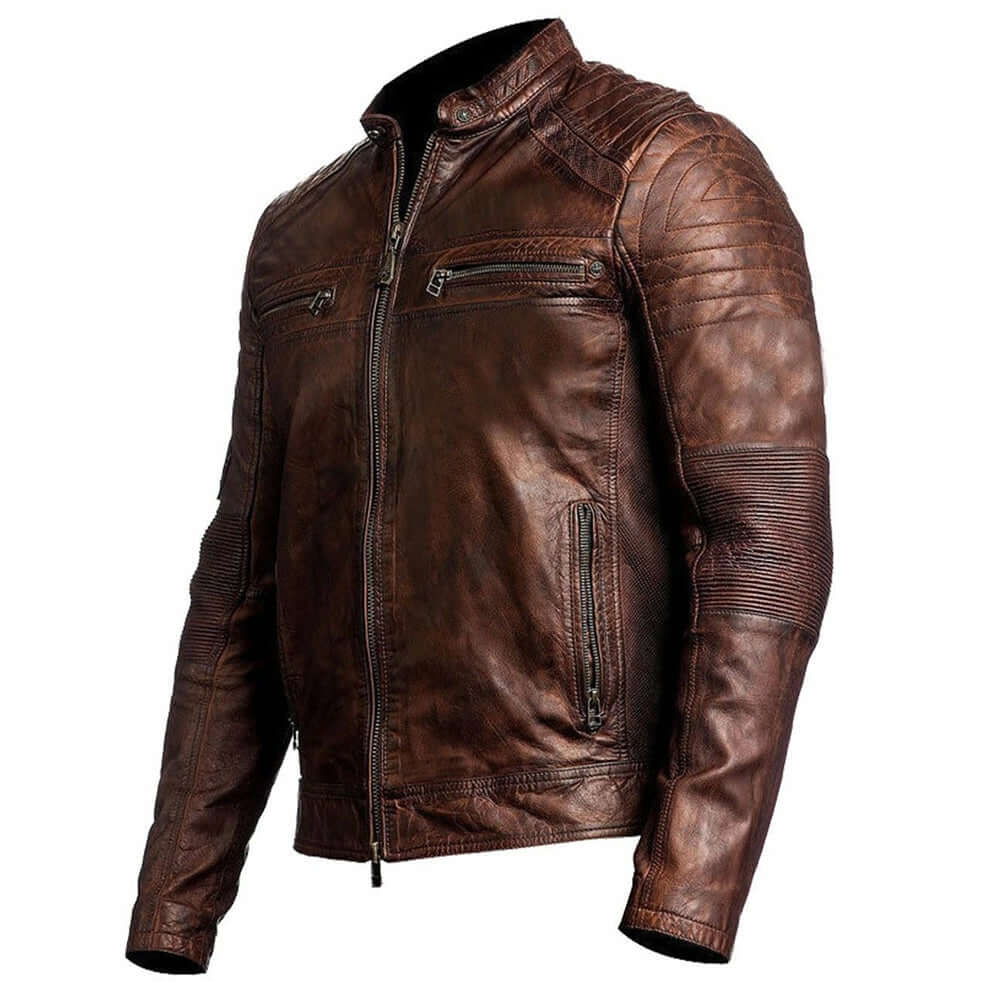 Beautiful Men's Biker Vintage Ribbed Motorcycle Distressed Brown Cafe Racer Leather Jacket - theleathersouq