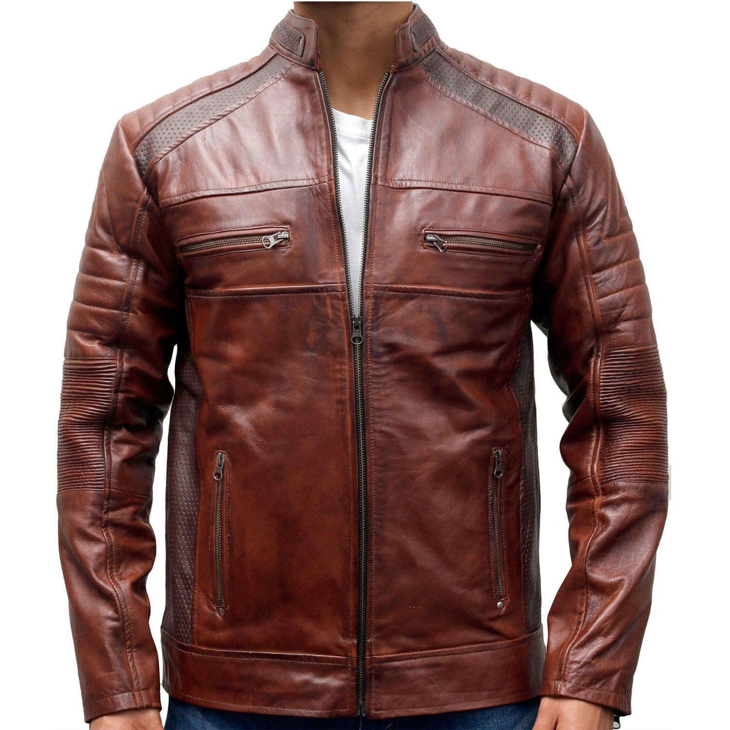 Stylish Men's Cafe Racer Motorcycle Vintage Distressed Brown Waxed Biker Leather Jacket - theleathersouq