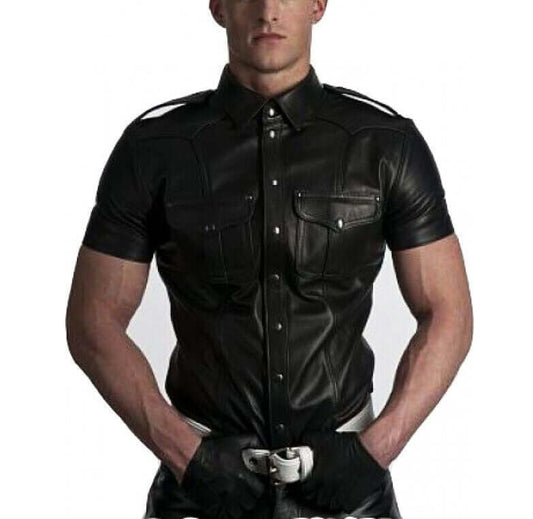 New Men's Real genuine Leather Police Uniform Shirt Sexy Short Sleeve Leather Shirt - theleathersouq