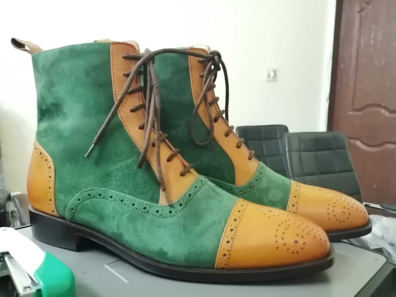 Stylish Handmade Tan & Green Color Leather & Suede Ankle High Party Wear Men Lace Up Boots - theleathersouq