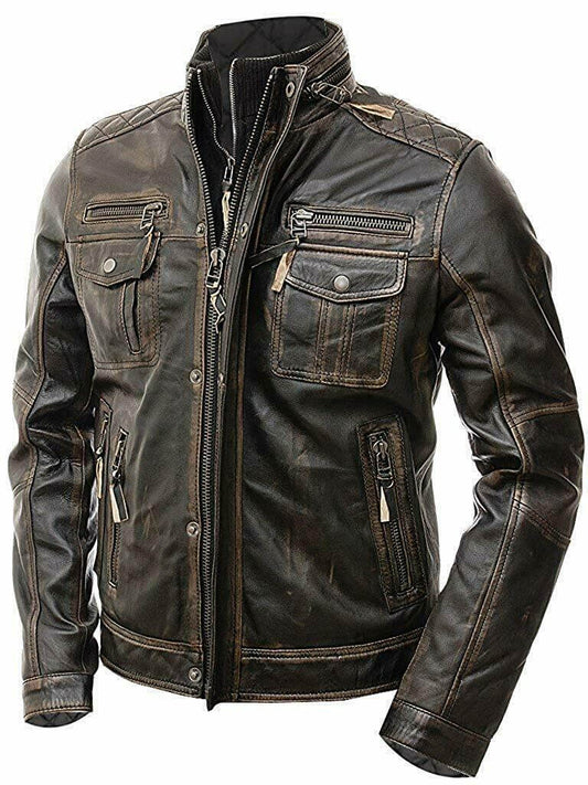 New Men's Vintage Cafe Racer Distressed Retro Biker Genuine Leather Jacket - theleathersouq