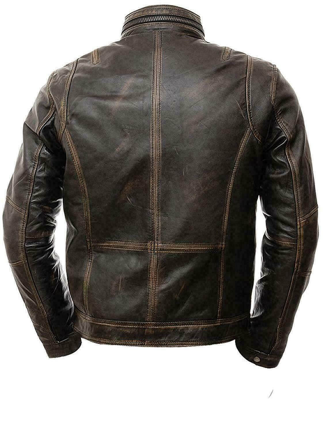 New Men's Vintage Cafe Racer Distressed Retro Biker Genuine Leather Jacket - theleathersouq