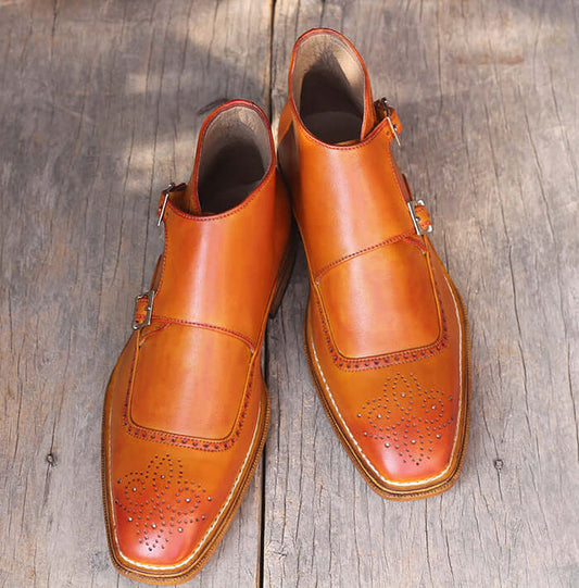 Men's Handmade Tan Double Buckle Leather Brogue Toe Ankle Boots - theleathersouq