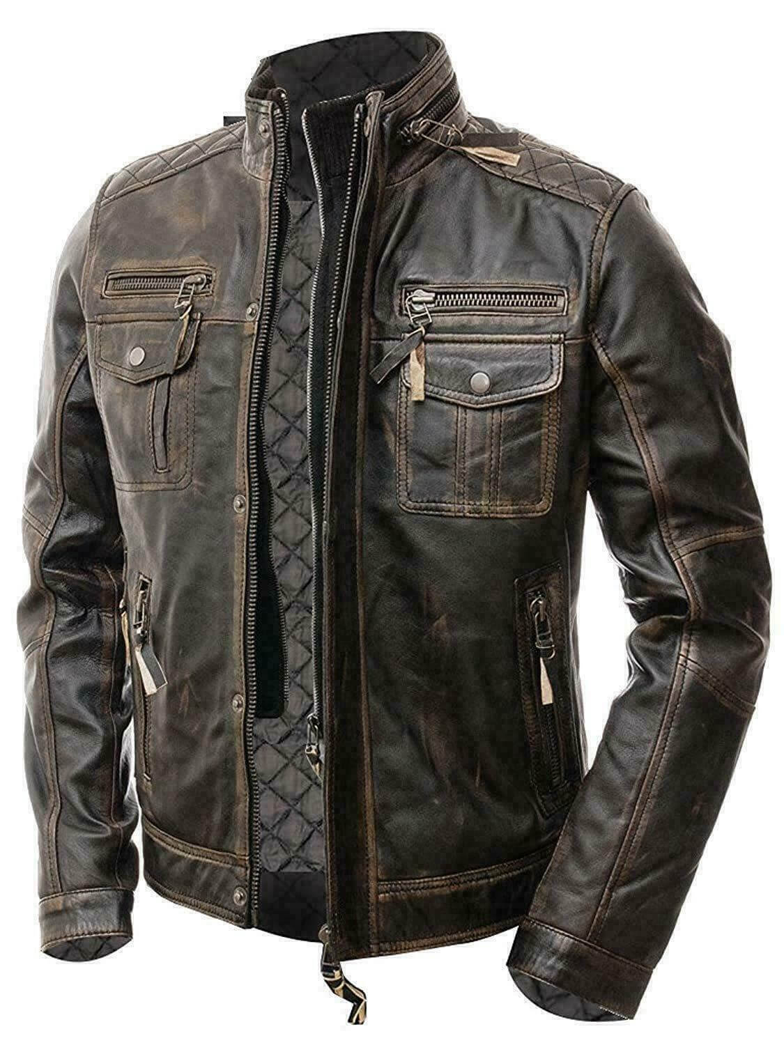 New Men's Vintage Cafe Racer Distressed Retro Biker Genuine Leather Jacket - theleathersouq