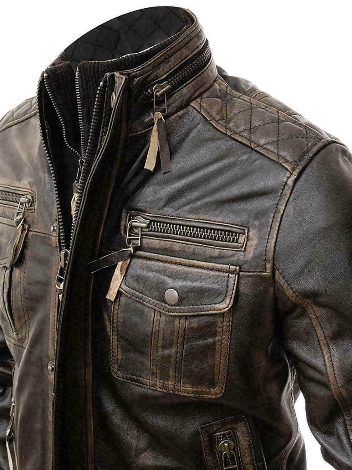 New Men's Vintage Cafe Racer Distressed Retro Biker Genuine Leather Jacket - theleathersouq