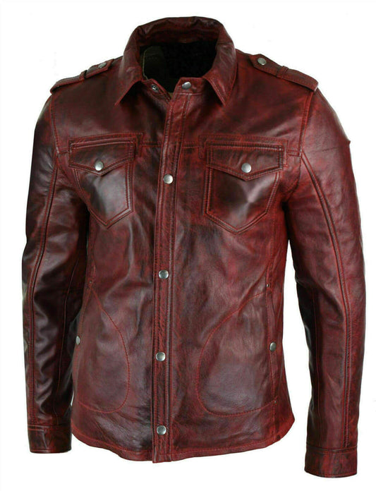 New Men's Shirt Jacket Maroon Real Soft Genuine Waxed Leather Shirt Leather for Mens - theleathersouq