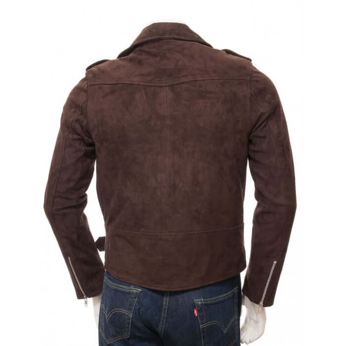 Stylish Handmade Men’s Brown Suede Biker Motorcycle Fashion Belted Jacket - theleathersouq