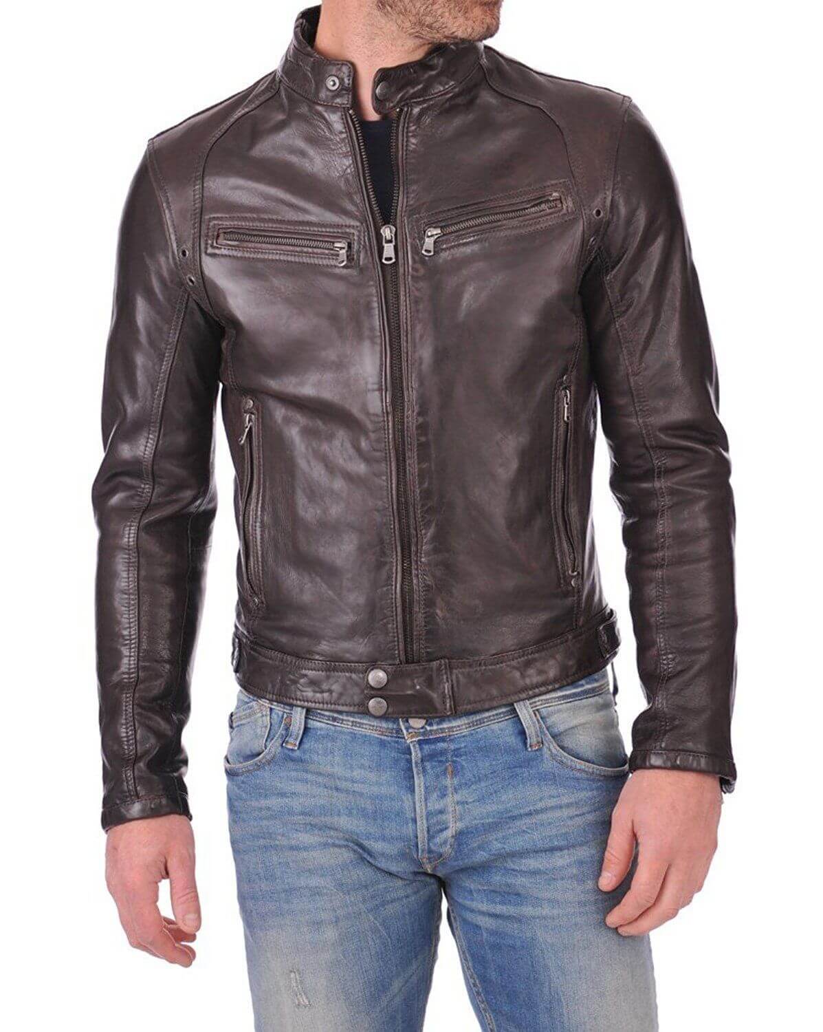 Men’s Genuine Lambskin Leather Chocolate Brown Bomber Slim Fit Biker Leather Jacket - theleathersouq