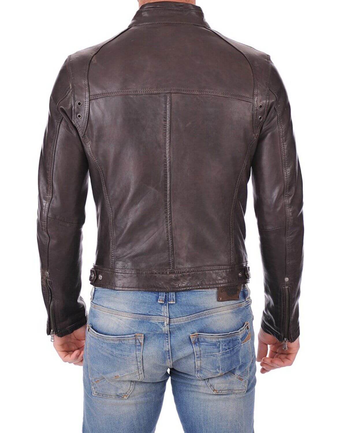 Men’s Genuine Lambskin Leather Chocolate Brown Bomber Slim Fit Biker Leather Jacket - theleathersouq