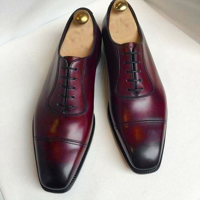 Stylish Handmade Men's Cap Toe Leather Shoes, Men Burgundy Formal Lace ...