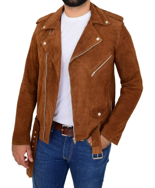 Stylish Men’s Brando Style Suede Leather Jacket, Men Celebrity Tan Suede Jacket - theleathersouq